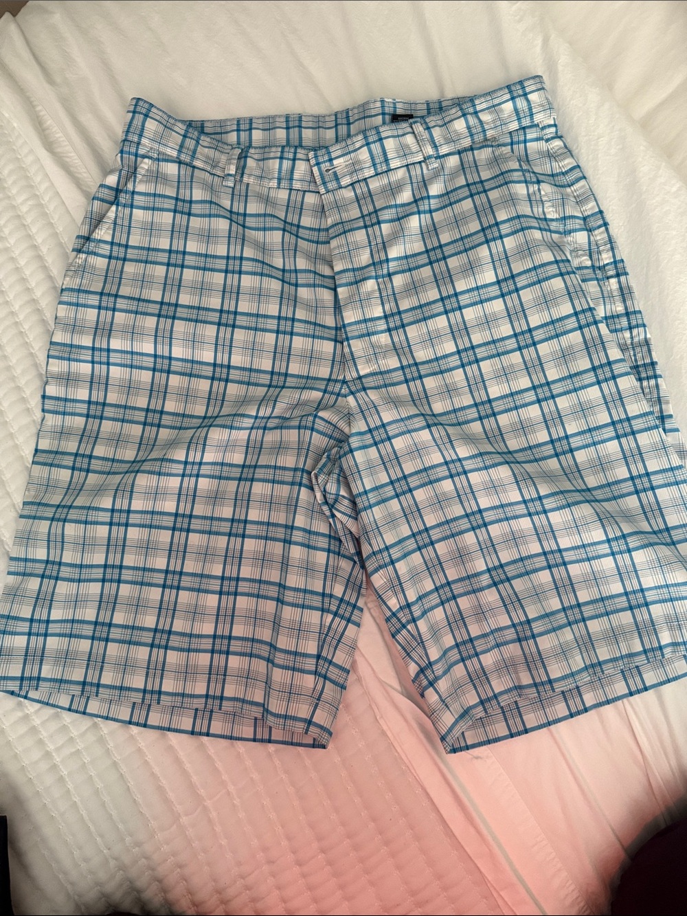 bolle Light Blue and White Plaid Flat Front Men's Shorts